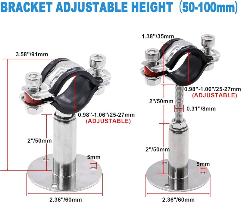 PEROMI 2 Pack Pipe Supports,304 Stainless Steel Wall Mount Ceiling Mount Pipe Bracket Clamp Ring Hanger with Screws for Pipe OD 25-27mm, Bracket Adjustable Height 50-100mm - Image 2